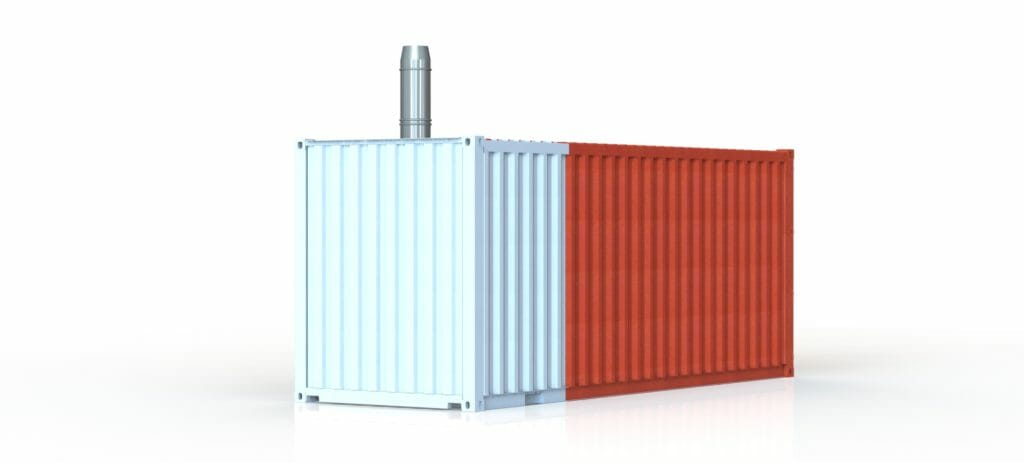 Heizcontainer kaufen und aufstellen zweifarbig lackiert rot und hellblau