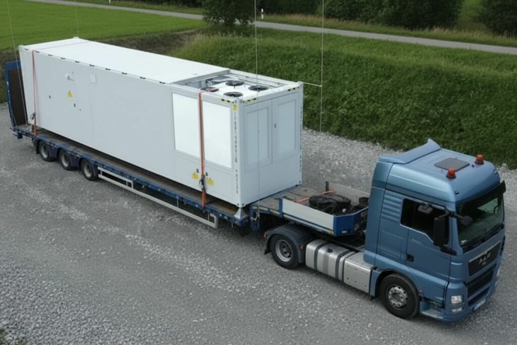 LKW transportiert ein mobiles Rechenzentrum mit Kühlsystem für den Serverraum