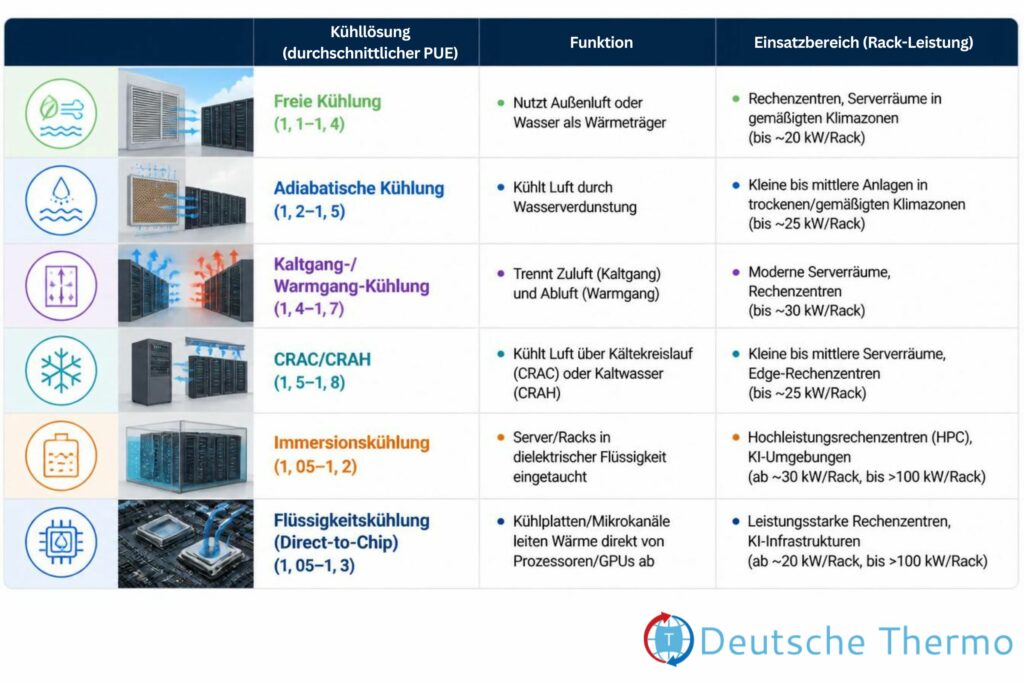Infografik zeigt Arten der Serverraumkühlung mit Funktion und Einsatzbereich
