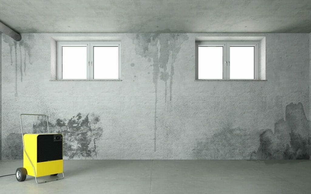 Gelber Bauentfeuchter steht in durch Wasser und Feuchtigkeit beschädigtem Wohnraum