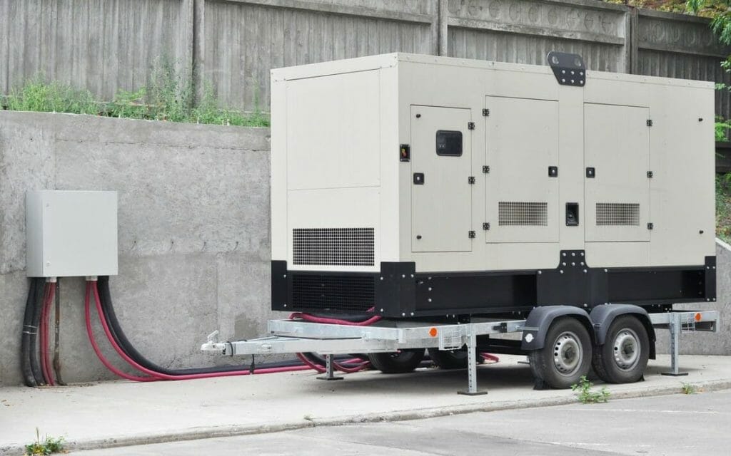 Weißer Starkstromgenerator dient als Netzersatzanlage und steht mit dem Hausnetz verbunden vor einem Gebäude