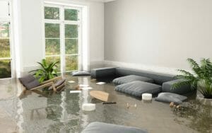 Überflutetes Wohnzimmer mit schwimmenden Gegenständen und Pflanzen