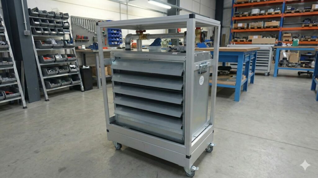 Mobiler Fan Coil in einer Werkstadt