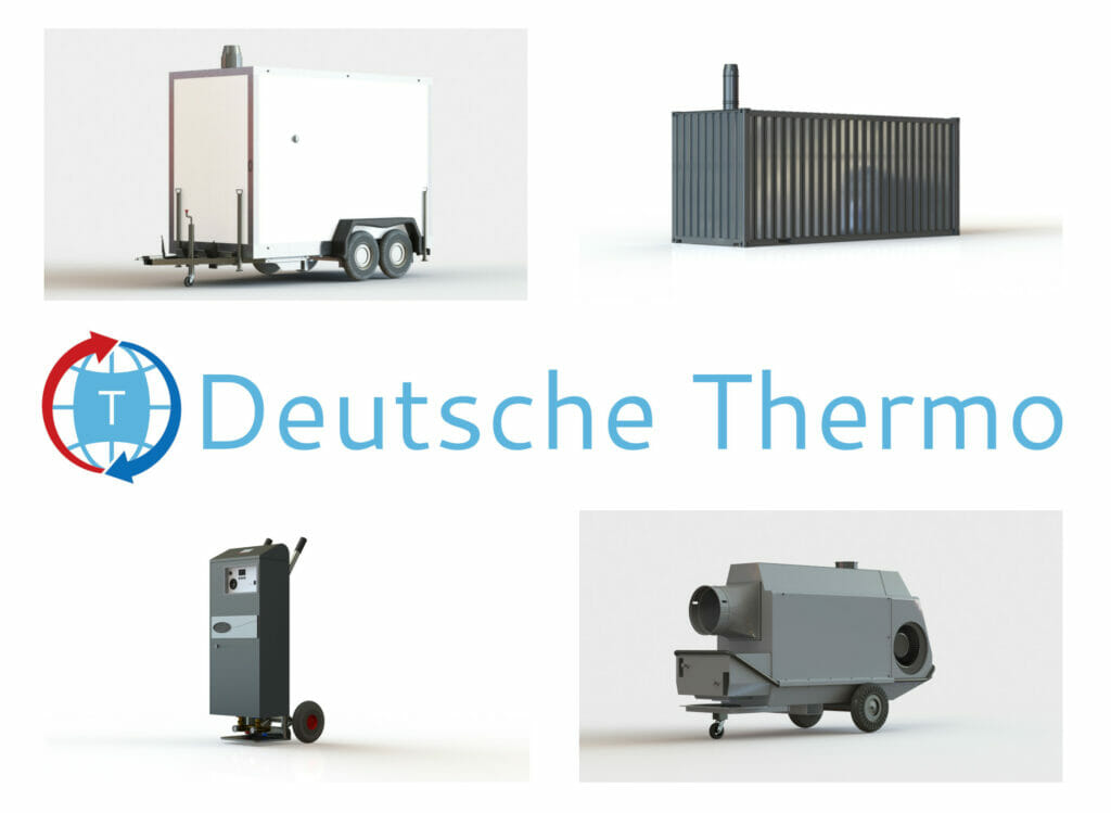 Mobile Heizzentrale, mobiler Heizcontainer, mobiler Warmlufterzeuger und Elektroheizzentrale um das Logo von Deutsche Thermo herum