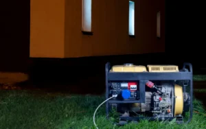 Notstromaggregat steht in Betrieb auf dem Rasen vor einem beleuchteten Haus