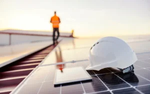 Solarpanele auf einem Industriedach stellen Strom fuer Elektroheizkessel zur Verfuegung