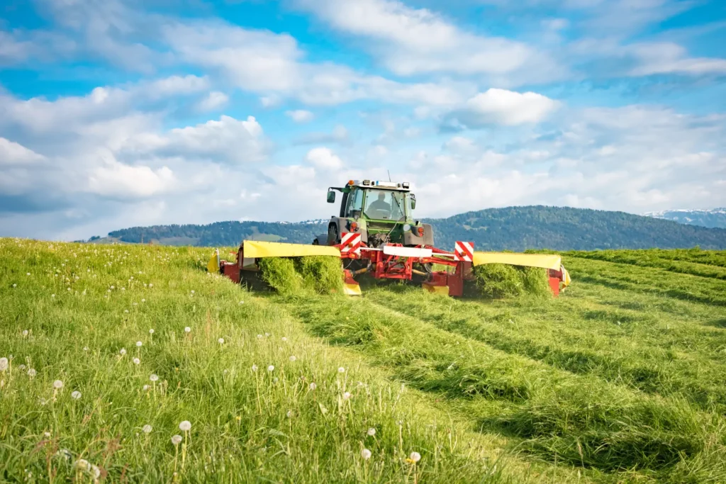 Traktor maeht Wiese zum Befuellen der Heutrocknungsanlage