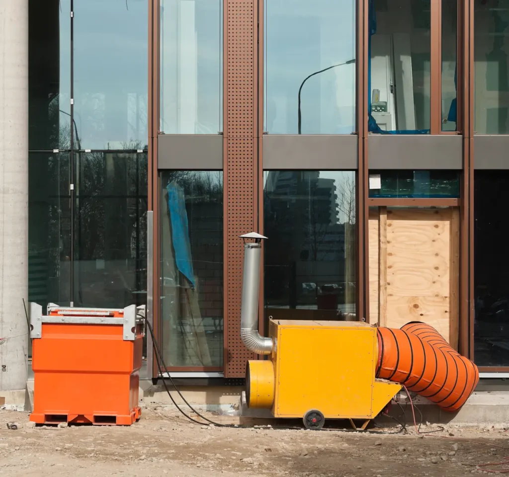 Mobiler Warmlufterzeuger auf einer Baustelle mit einem eigenen Oeltank