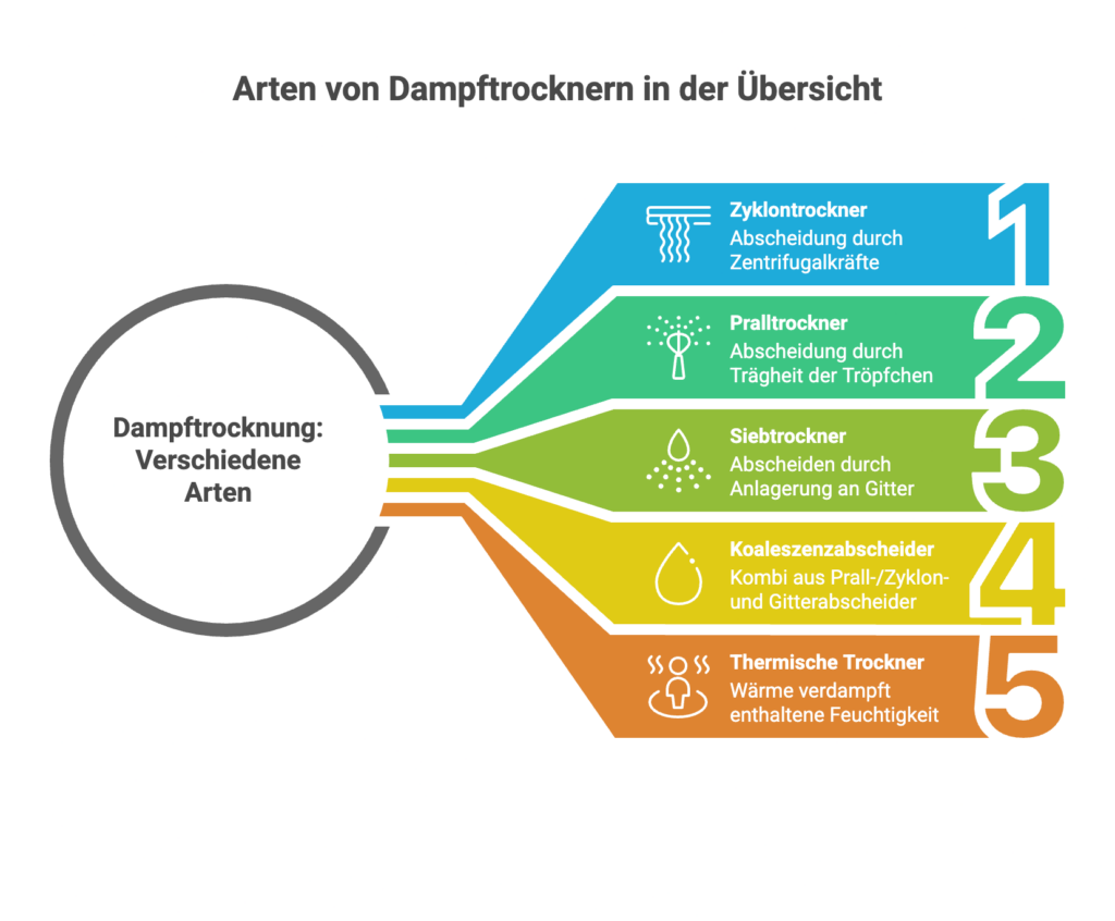 Infografik zeigt Arten von Dampftrocknern und Funktionsprinzip