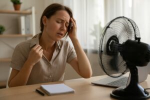 Angestellte bei Hitze am Arbeitsplatz vor Ventilator