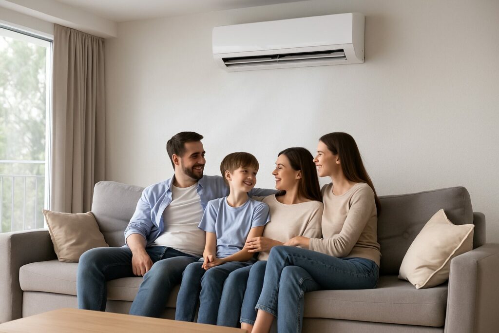 Familie nach Klimaanlage nachrüsten entspannt auf der Couch