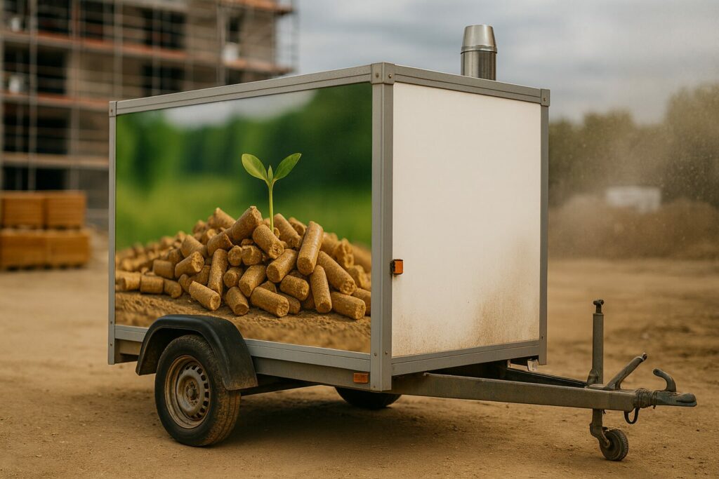 KI generiertes Bild von einer mobilen Pellets Heizung, die auf einer Baustelle steht