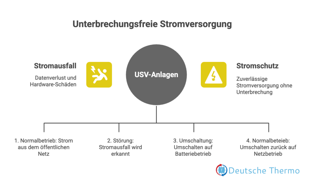 Schema zeigt die Funktion einer USV-Anlage