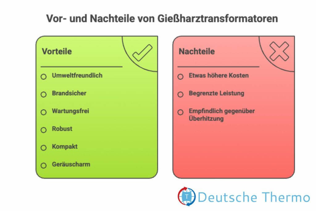 Infografik zu Vorteilen und Nachteilen der Gießharztransformatoren