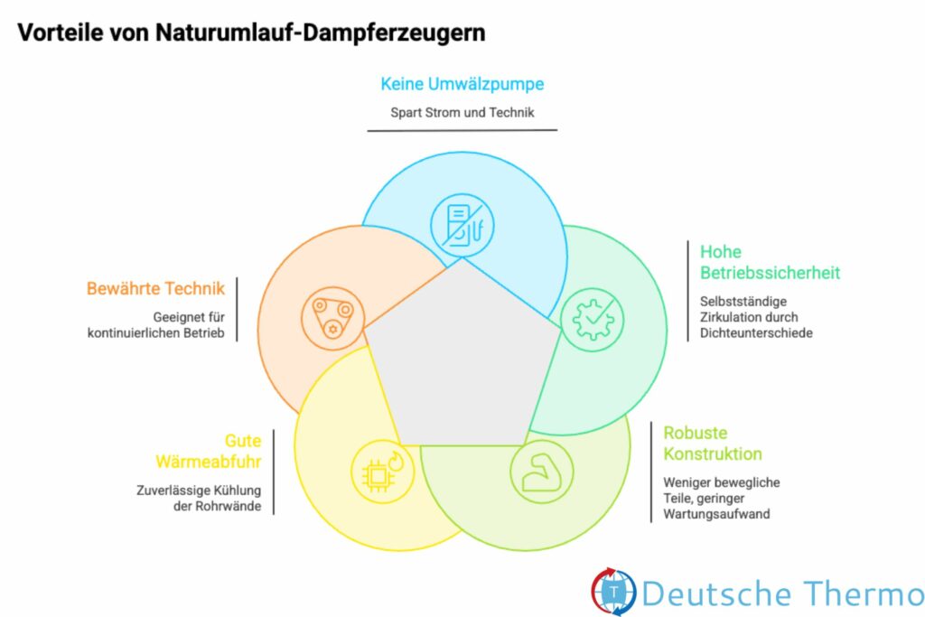 Schematische Darstellung der Vorteile eines Naturumlauf-Dampferzeugers